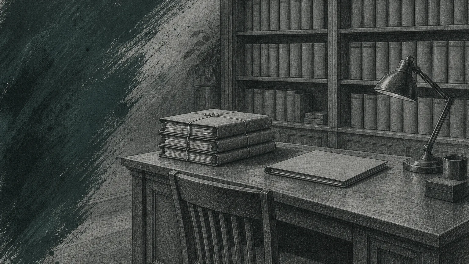 Graphite sketch of an empty lawyer's desk with bound case files and shelves of volumes