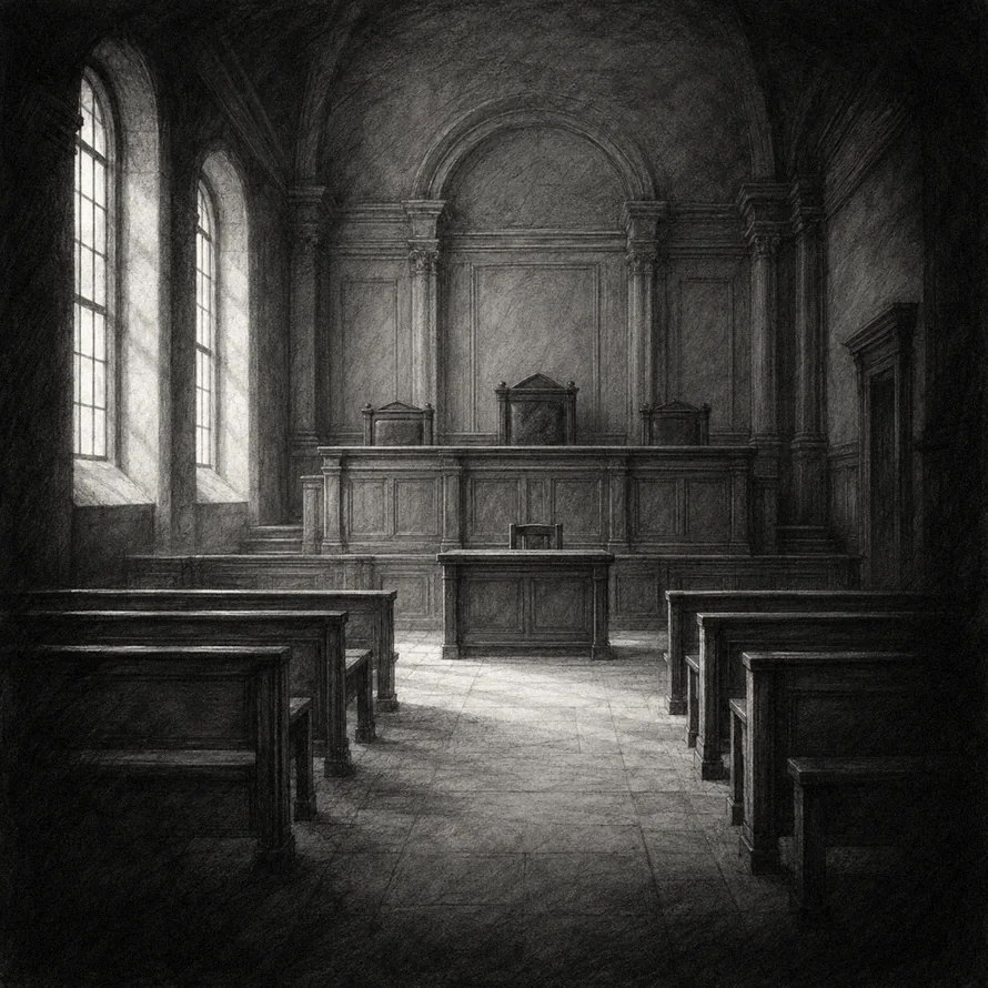 Graphite sketch of an empty courtroom with the judges' bench and wooden benches